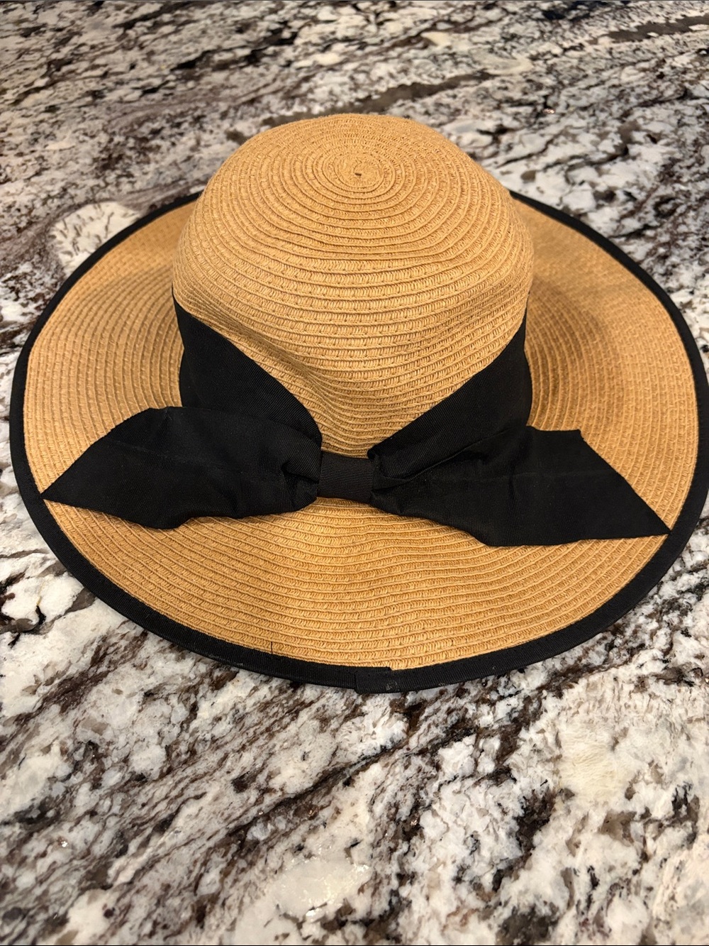 Woven Sun Hat with Black Bow - Women's Tan and Black Beach Hat